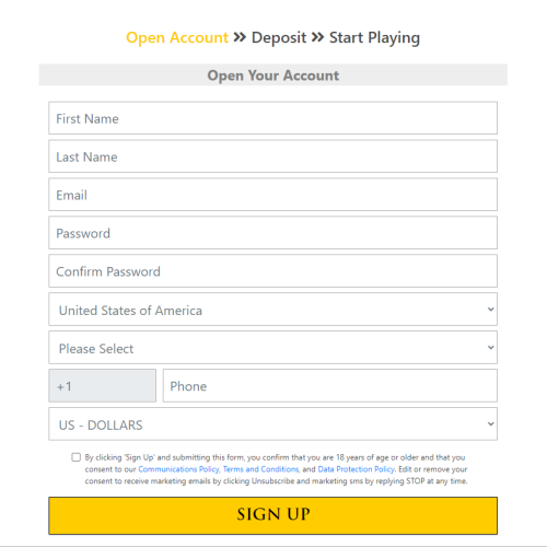 Bookmaker sign up page